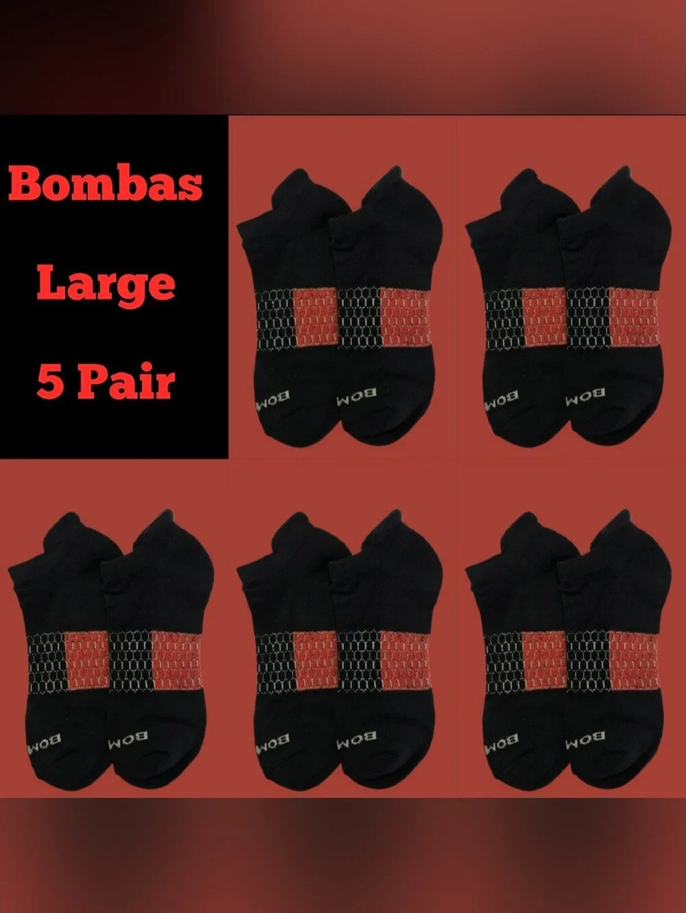 Bombas Large Ankle Socks Black & Red 5 Pair BNWT Unisex Honeycomb Arch Support